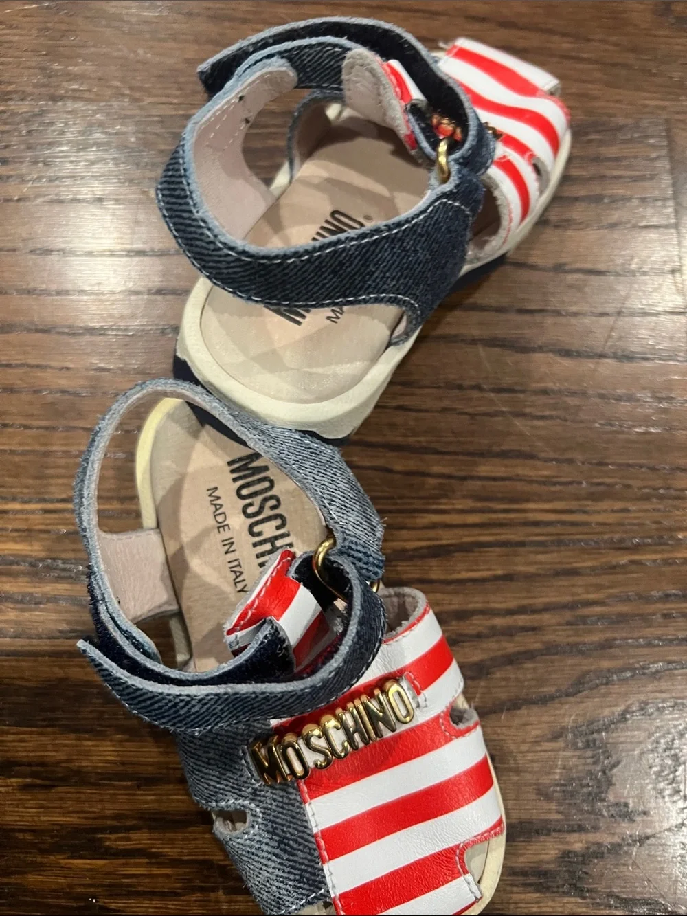 Moschino Kids Red & Denim Striped Logo Sandals